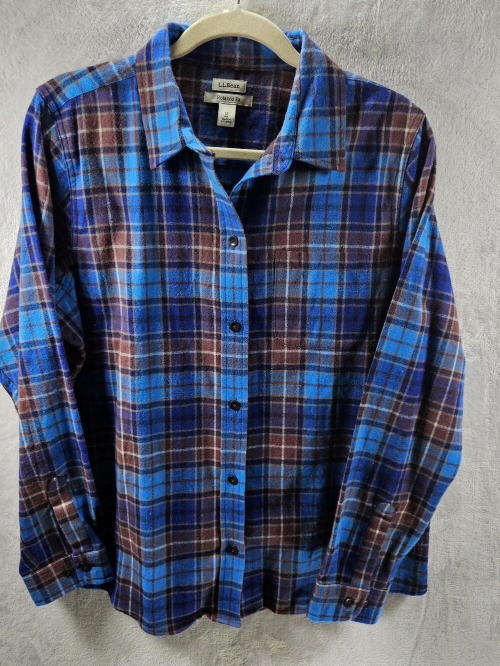 LL Bean Shirt Womens Size Medium Blue Scotch Plaid Flannel Outdoor Hiking
